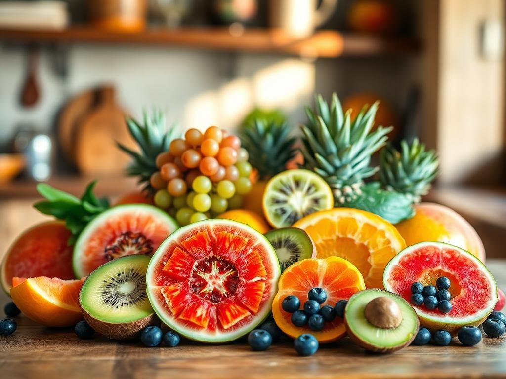 Flick International A vibrant assortment of fresh fruits including mangoes, grapes, blueberries, and avocados arranged on a wooden table.