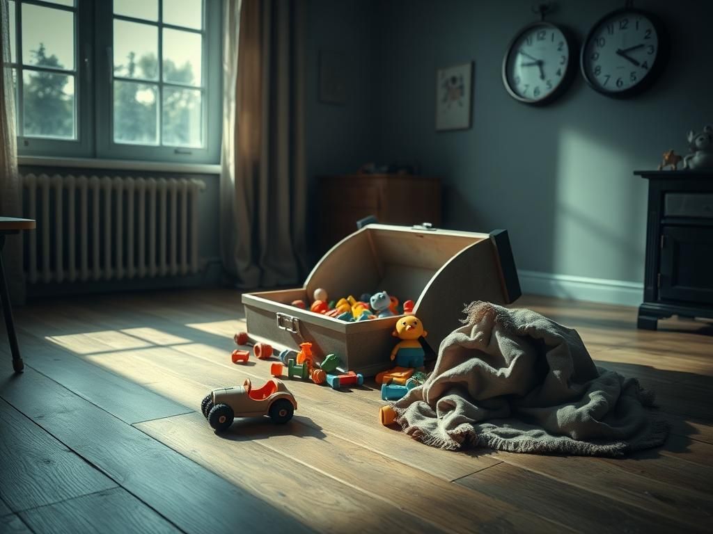 Flick International Dimly lit living room with abandoned children's toys reflecting themes of neglect and loss