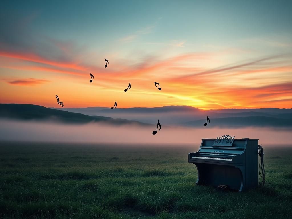 Flick International Serene landscape at dawn with a vintage piano, symbolizing rebirth and healing.