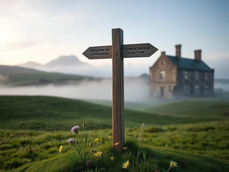 Flick International Serene Scottish landscape with a wooden signpost symbolizing freedom of expression and conscientious objection