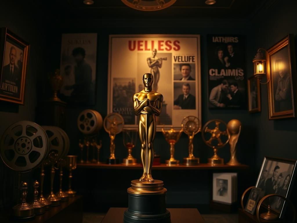 Flick International Elegant trophy room featuring a golden Oscar statuette and vintage film memorabilia