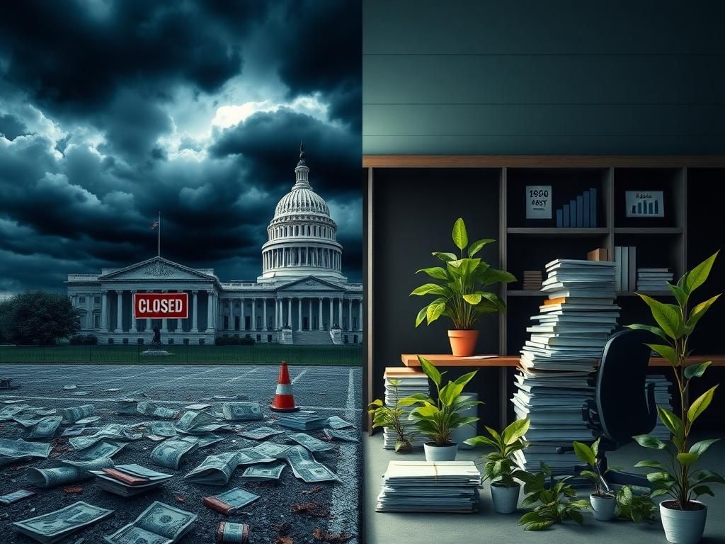 Flick International A split scene illustrating the contrast between government shutdown and fiscal responsibility