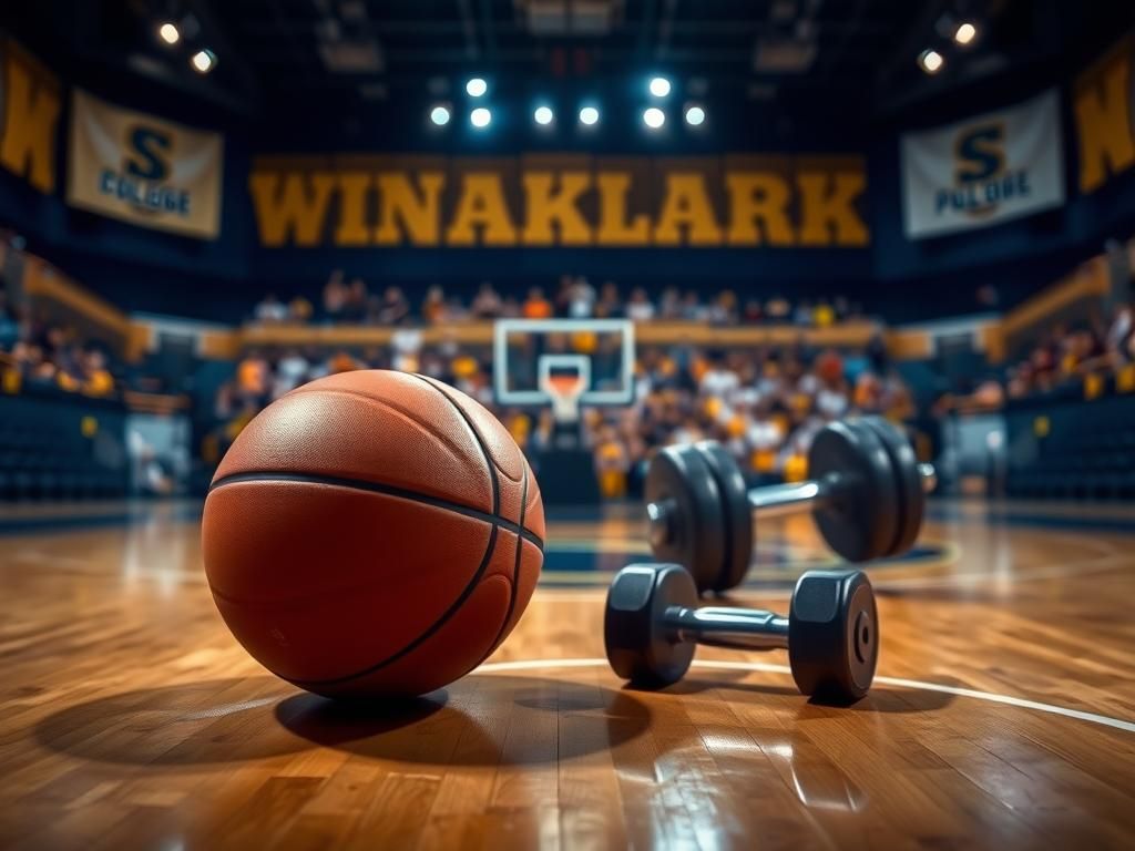 Flick International Dynamic basketball court scene highlighting an oversized basketball and heavy dumbbells signifying strength and training