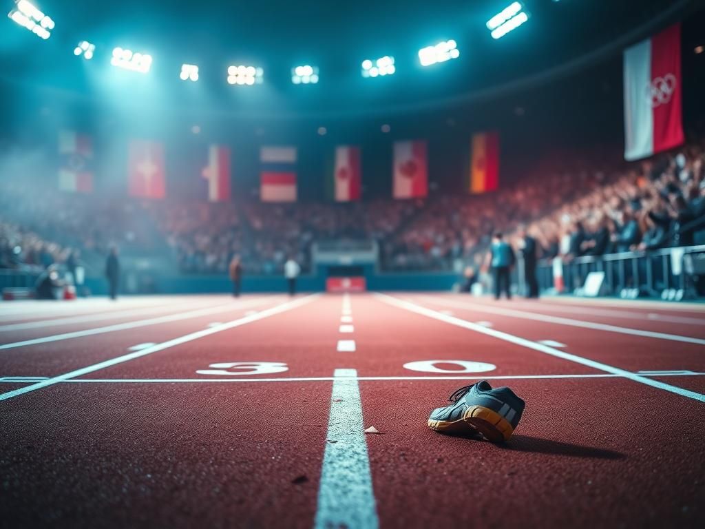 Flick International Empty athletic track in an indoor arena with a medical team attending to a discarded shoe