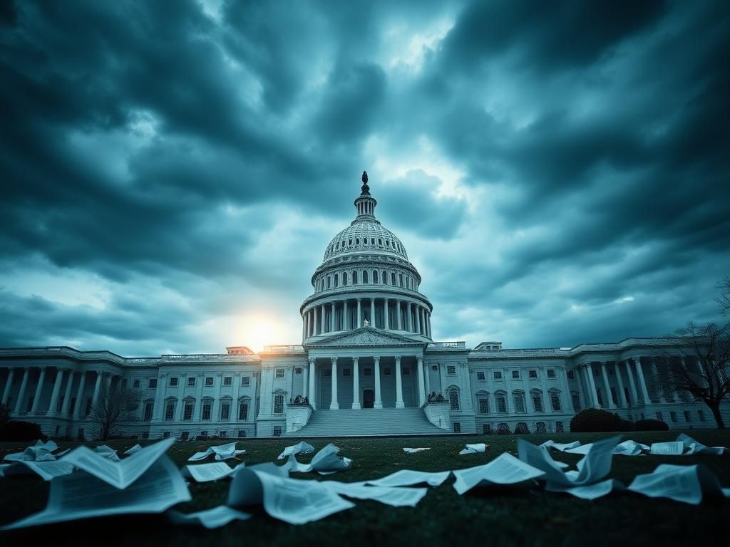 Flick International Low angle view of the United States Capitol building against a moody sky with scattered papers in the foreground