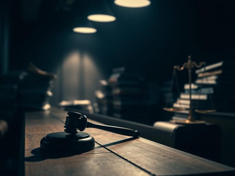 Flick International Dimly lit courtroom scene with a gavel on a worn bench