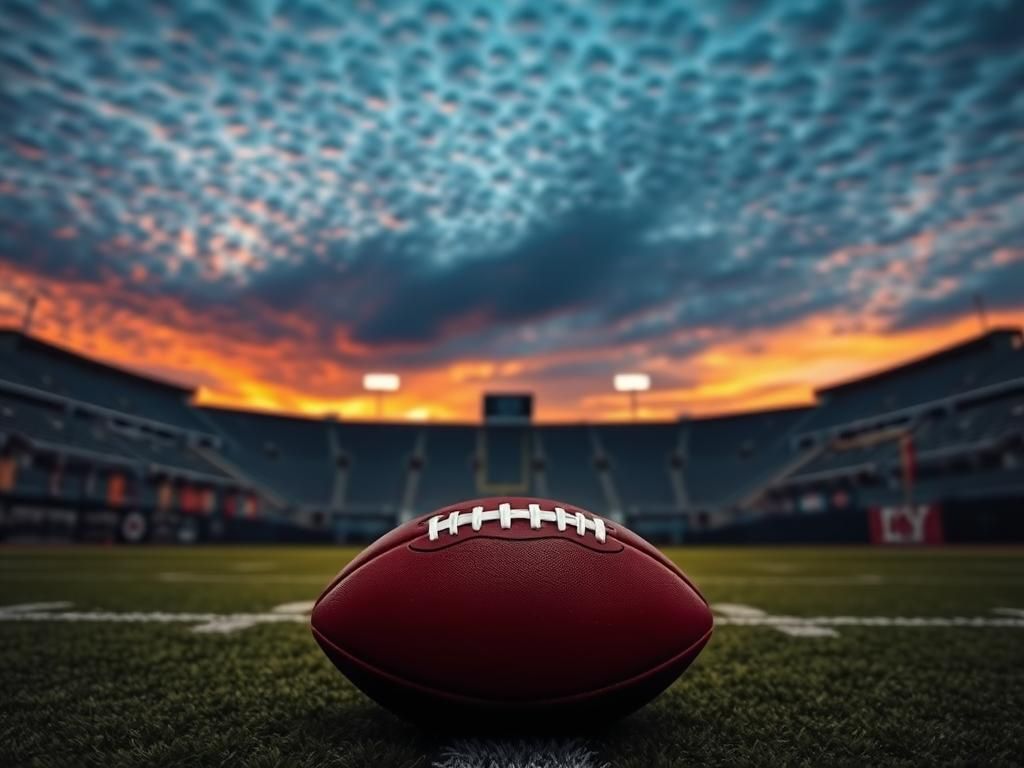 Flick International A football resting on the 50-yard line of a stadium at dusk, surrounded by empty bleachers and colorful team banners.