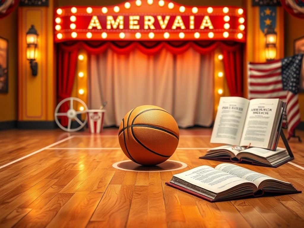 Flick International Vibrant composition featuring iconic American cinema, a basketball court, and famous speeches