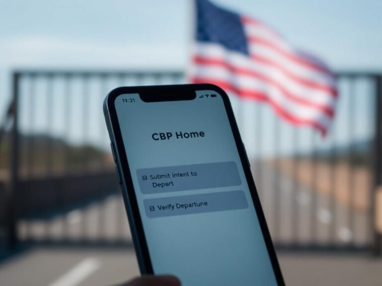 Flick International Close-up of smartphone displaying the CBP Home app interface for self-deportation.
