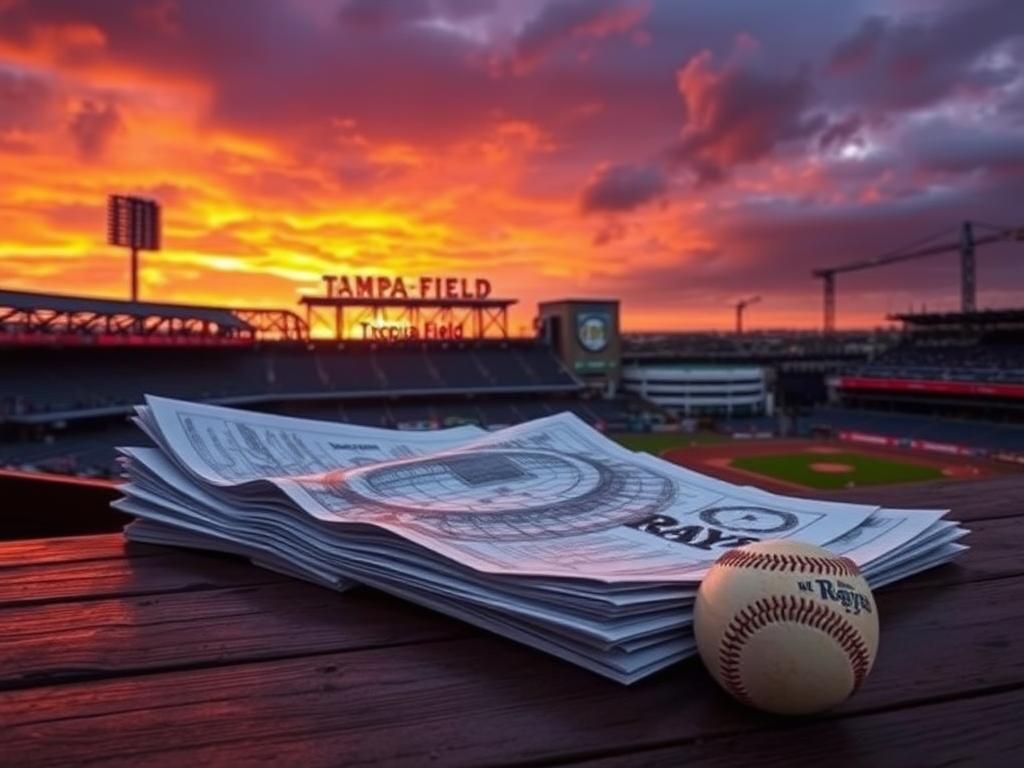 Flick International A dramatic sunset over Tropicana Field with vibrant hues and a battered roof symbolizing uncertainty for the Tampa Bay Rays.