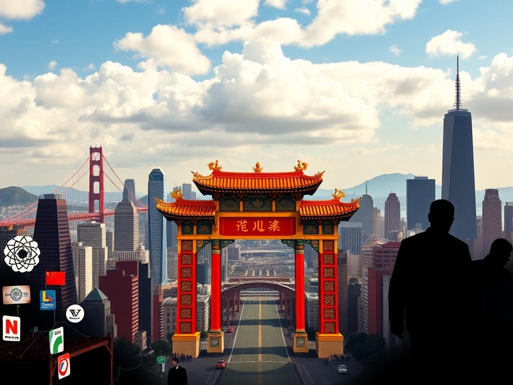 Flick International Urban skyline of San Francisco featuring the Golden Gate Bridge and an ornate gateway symbolizing California-China relations