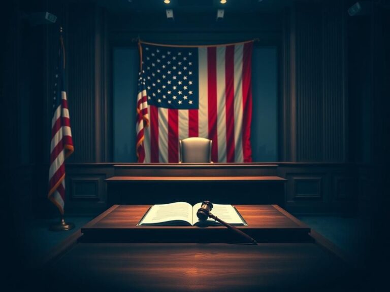 Flick International Empty courtroom with judge's bench and gavel symbolizing justice