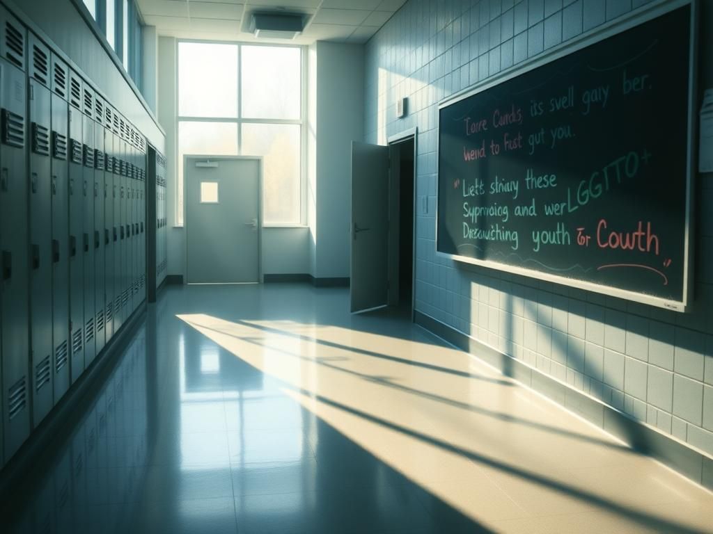 Flick International A serene school hallway with empty lockers and colorful posters advocating for inclusivity