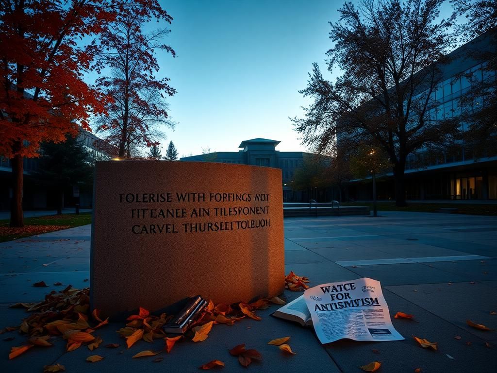 Flick International Empty university campus at dusk with vibrant autumn trees and a stone monument promoting tolerance