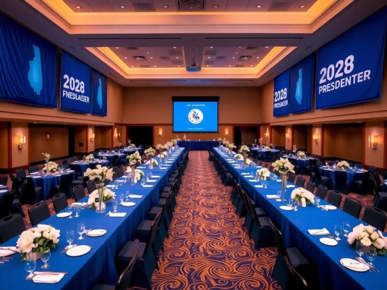 Flick International A grand banquet hall set up for a political fundraiser, decorated in deep blue and white.