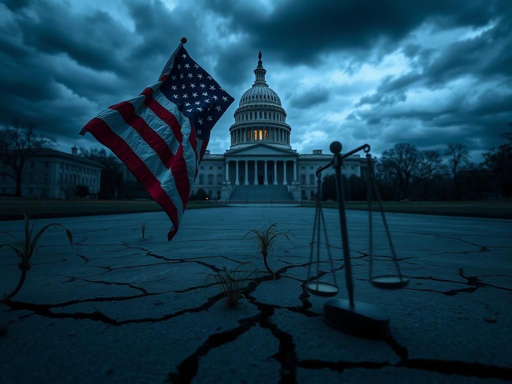 Flick International A tattered American flag unfurling against a dimly lit Capitol building under a stormy sky, symbolizing political turmoil.