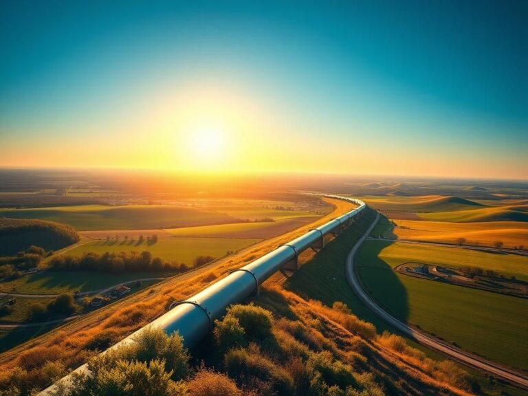 Flick International A vast landscape depicting a gleaming pipeline through a vibrant countryside.