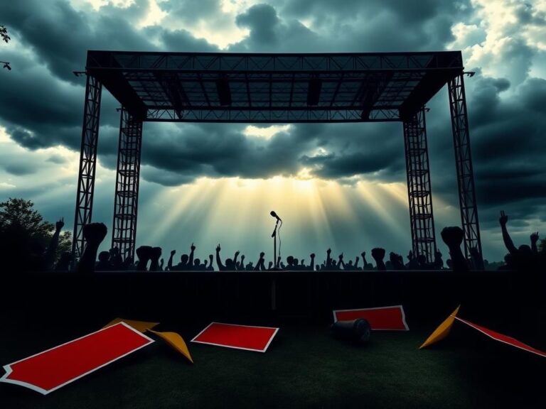 Flick International Dramatic outdoor scene featuring an empty stage with a microphone, surrounded by shadowy silhouettes of raised fists and scattered protest signs.