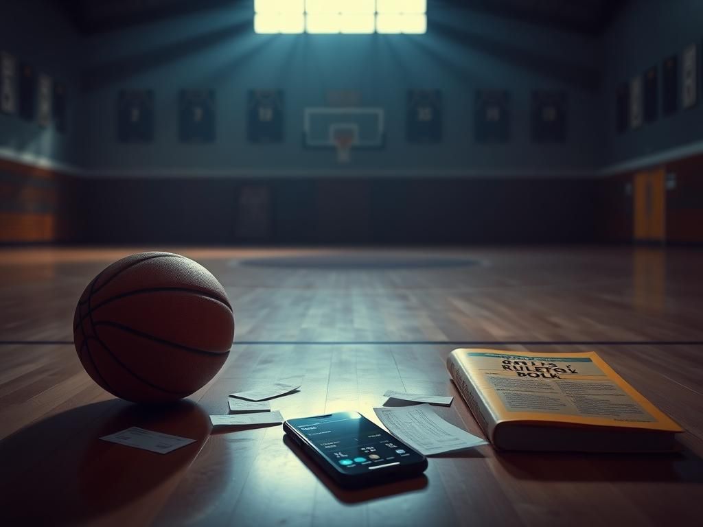 Flick International Dimly lit basketball gym with an abandoned basketball and scattered betting slips