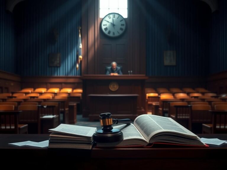 Flick International Somber courtroom scene with legal documents and a gavel