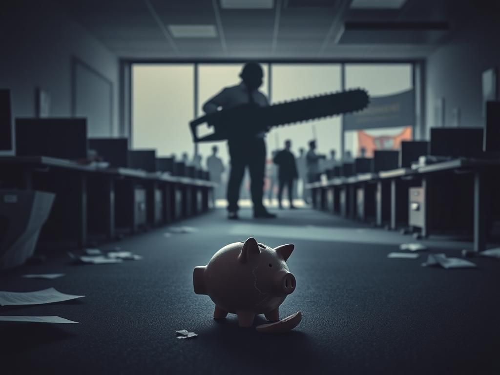 Flick International Empty office space with scattered papers and a shattered piggy bank symbolizing financial distress