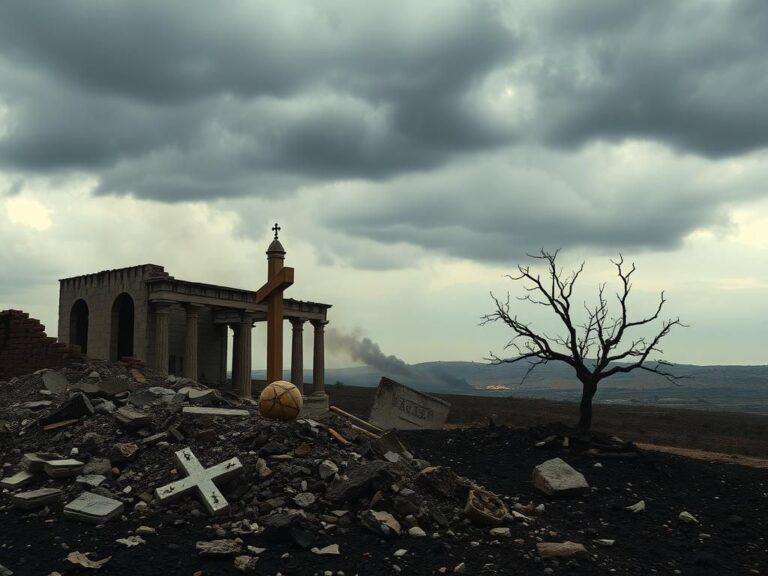 Flick International Stark landscape of war-torn Syria with a broken cross and toppled minaret amidst rubble