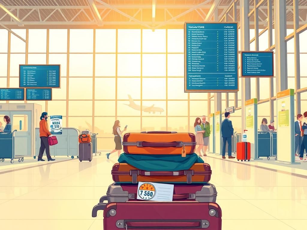 Flick International Detailed illustration of a busy airport terminal baggage claim area with unclaimed luggage.