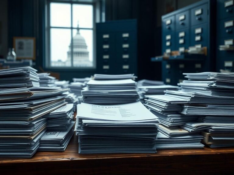 Flick International Close-up of a weathered wooden desk with organized documents related to congressional requests and FBI records