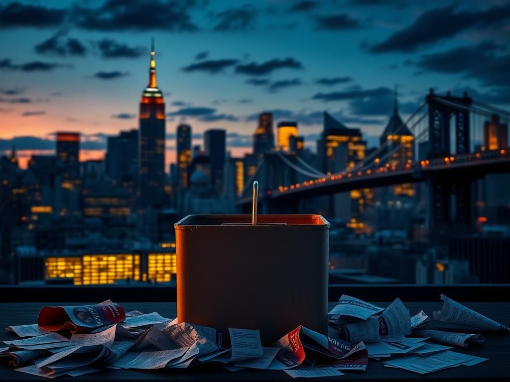 Flick International Dramatic skyline of New York City at dusk with a focus on iconic landmarks and an empty ballot box