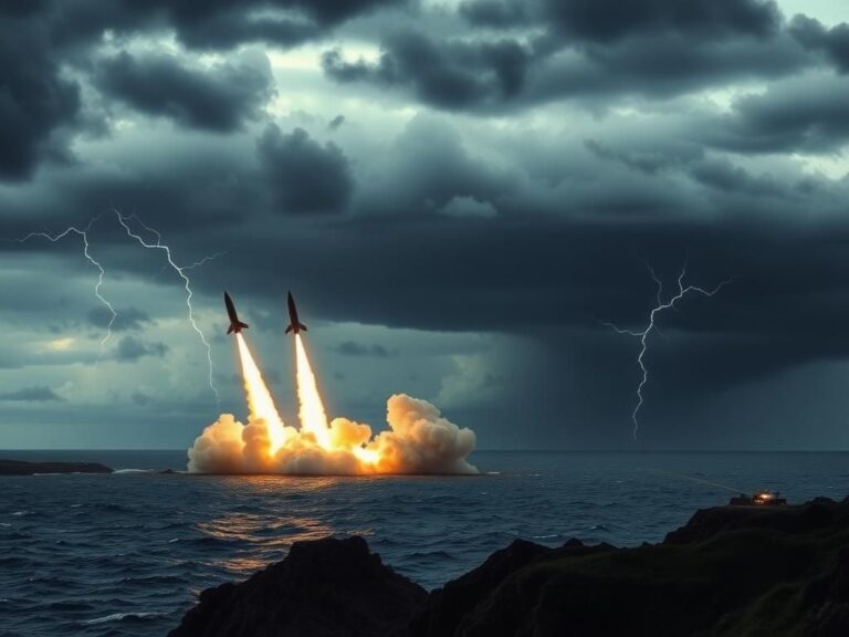 Flick International Ballistic missiles launching from a hidden North Korean military site amidst a turbulent sea