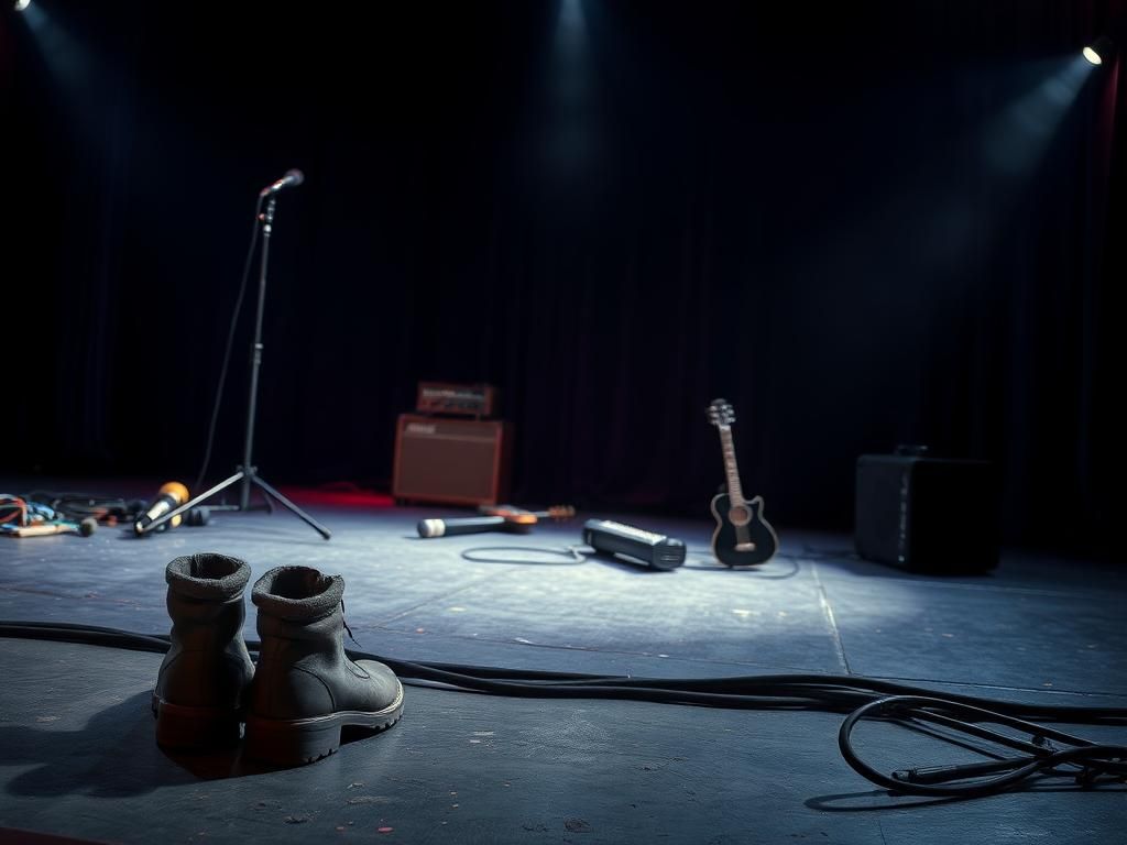 Flick International Dimly lit concert stage with performance remnants symbolizing a musician's journey