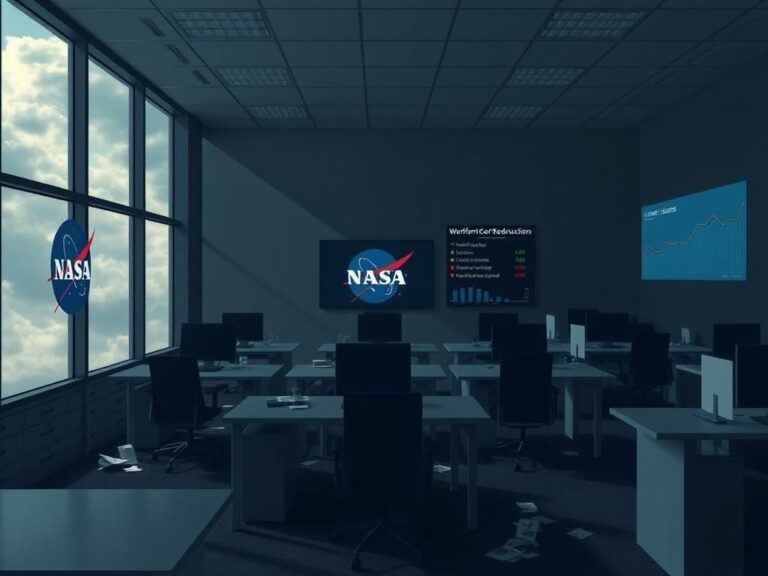 Flick International Dimly lit modern office space with empty desks, symbolizing NASA's recent agency downsizing