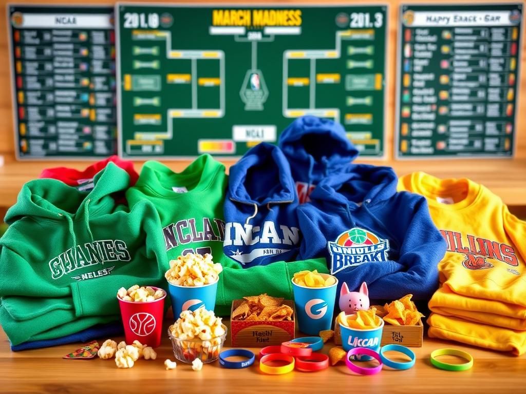 Flick International An array of vibrant NCAA March Madness gear displayed on a wooden table