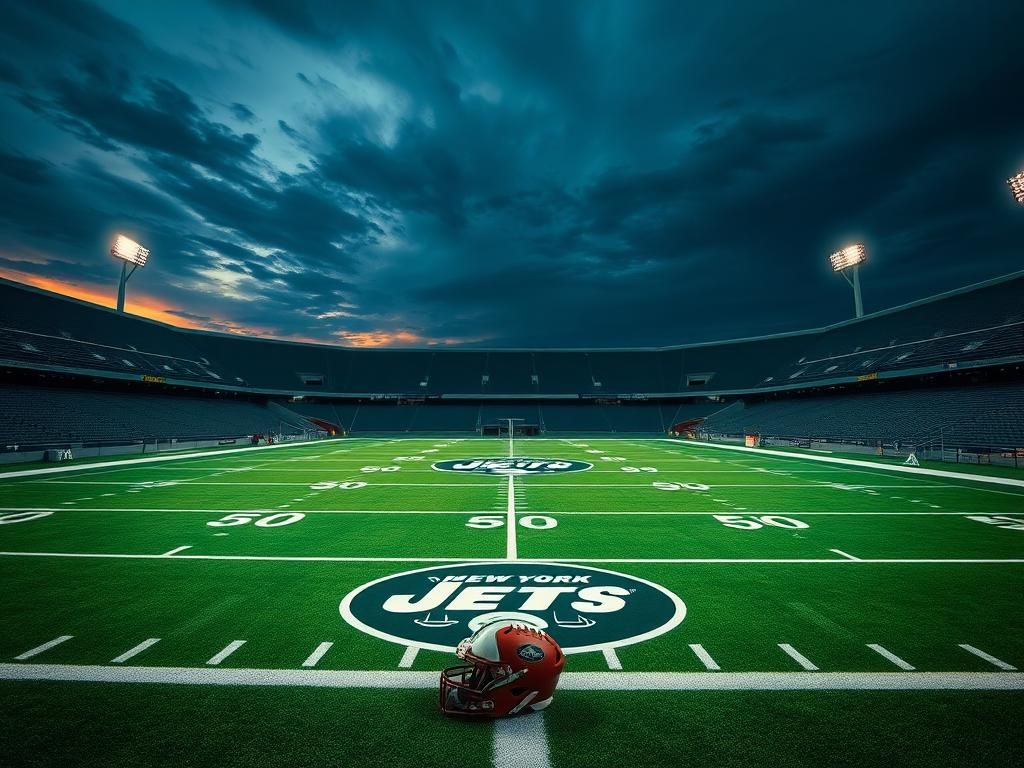 Flick International A dramatic view of the New York Jets football stadium at dusk, featuring vibrant green and white colors