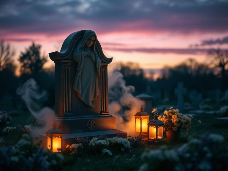 Flick International Serene cemetery scene with an ornate gravestone resembling a ghost, symbolizing remembrance and legacy.