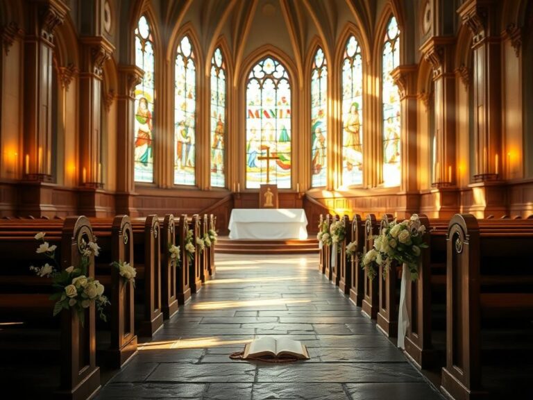 Flick International A serene chapel scene with an empty wooden pew and floral arrangements symbolizing hope