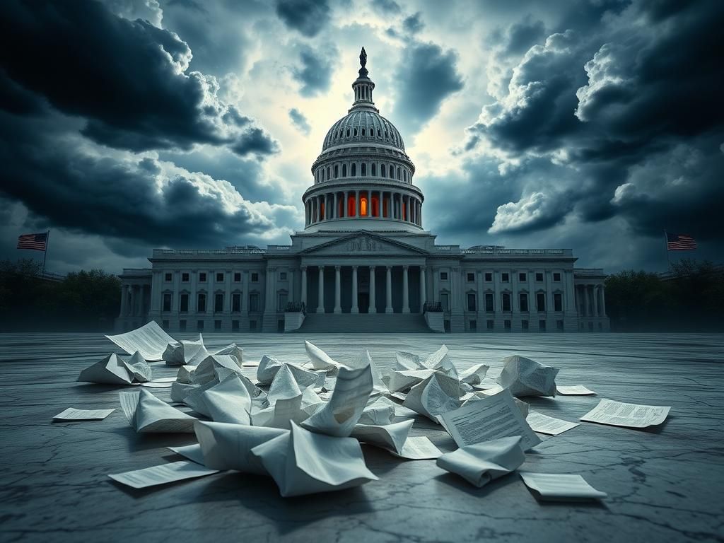 Flick International U.S. Capitol building surrounded by storm clouds symbolizing political turmoil