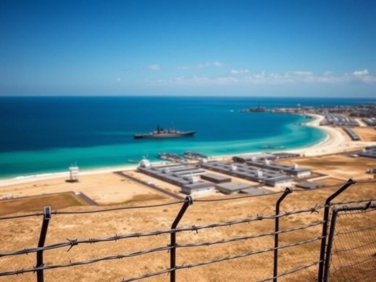 Flick International Aerial view of Guantanamo Bay depicting military structures and barbed wire fencing