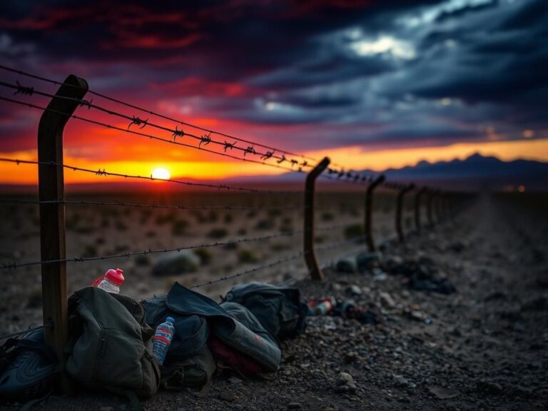 Flick International A desolate border landscape at dusk with a weathered barbed-wire fence and discarded items