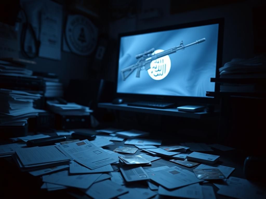 Flick International Dimly lit room with scattered papers and electronic devices related to ISIS media.