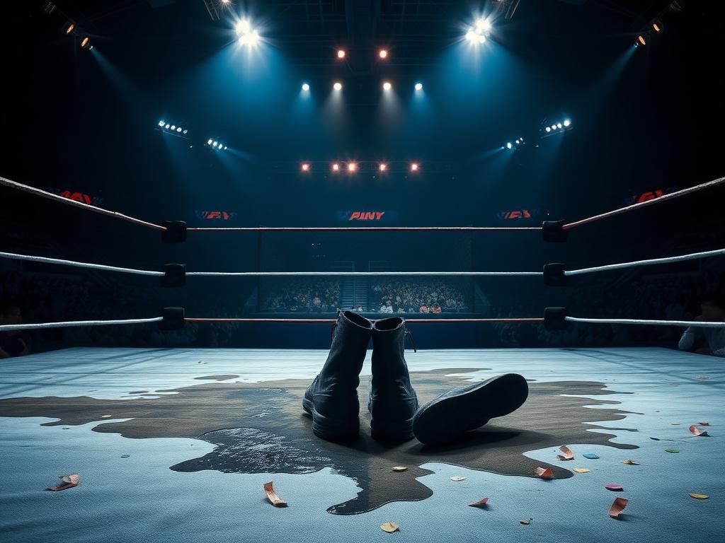 Flick International Dramatic wrestling ring with stained canvas and fallen competitor's boot