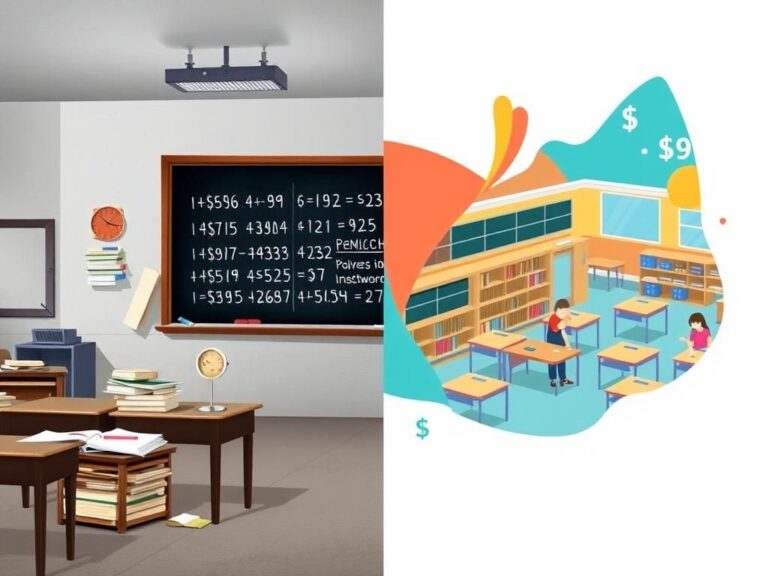 Flick International Split-screen image contrasting a worn-out public school classroom with a vibrant private school environment