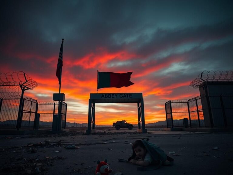 Flick International damaged security checkpoint at Abbey Gate with a faded U.S. flag surrounded by debris