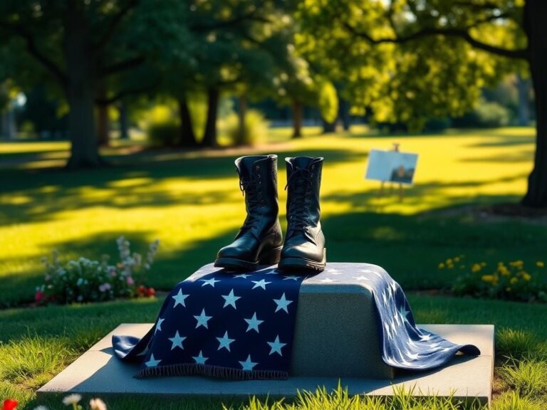 Flick International Empty polished police boots on a flag-draped memorial pedestal in a sunlit park