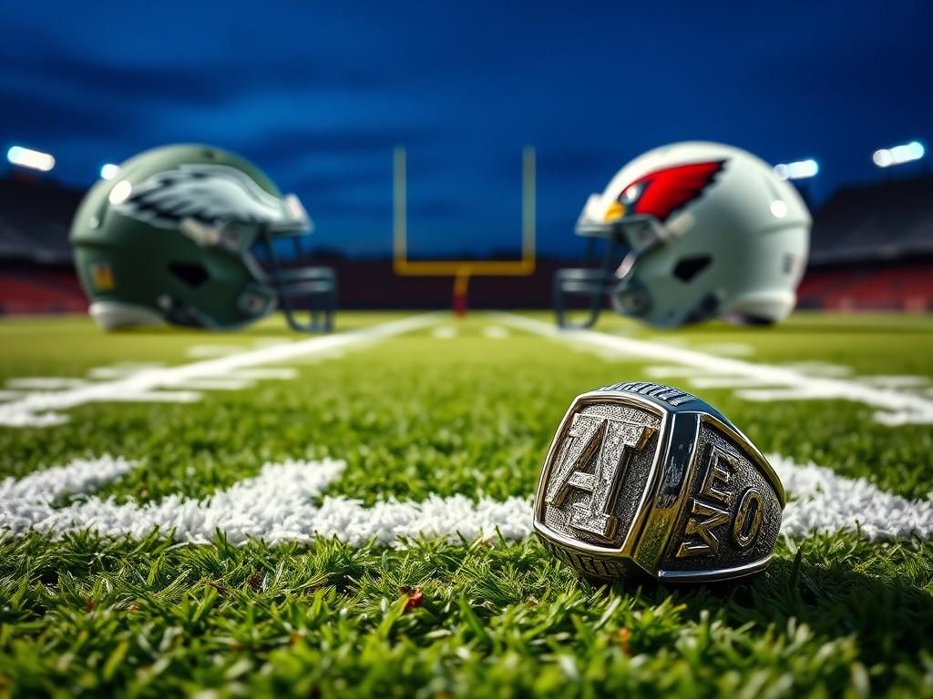 Flick International Close-up of a Super Bowl ring on a football field