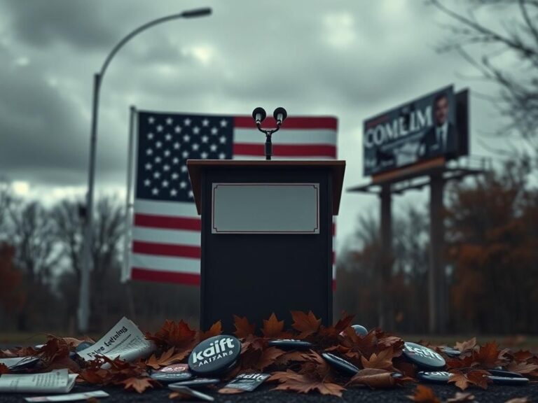 Flick International Empty campaign podium with microphone and fallen autumn leaves