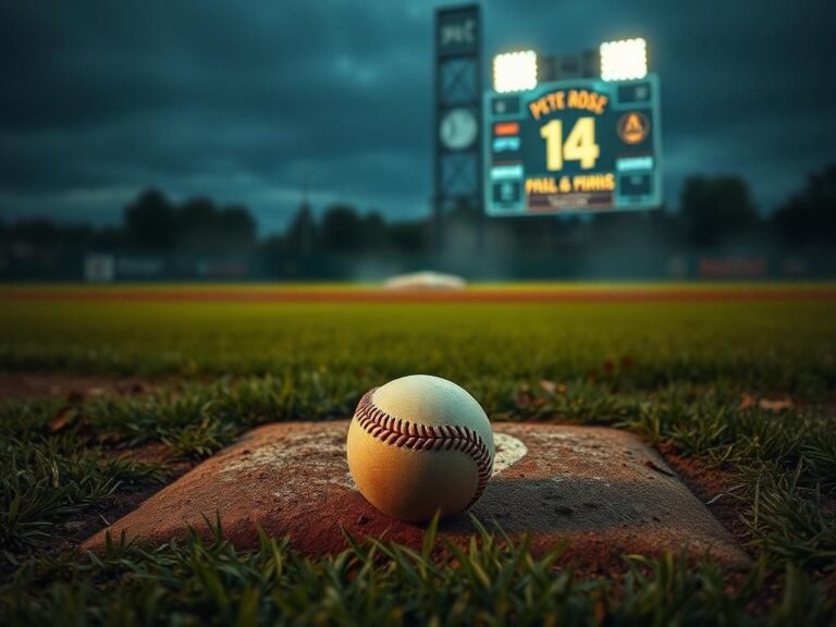 Flick International A worn baseball on home plate with an illuminated scoreboard in the background