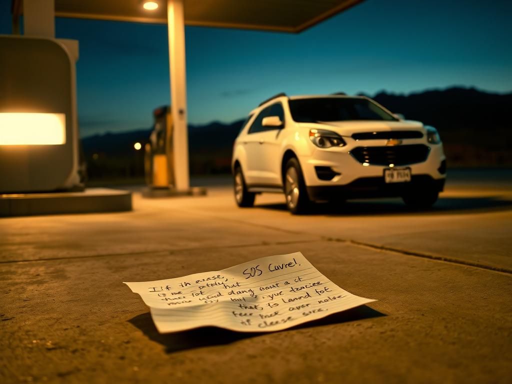 Flick International Crumpled SOS note on concrete at Utah gas station