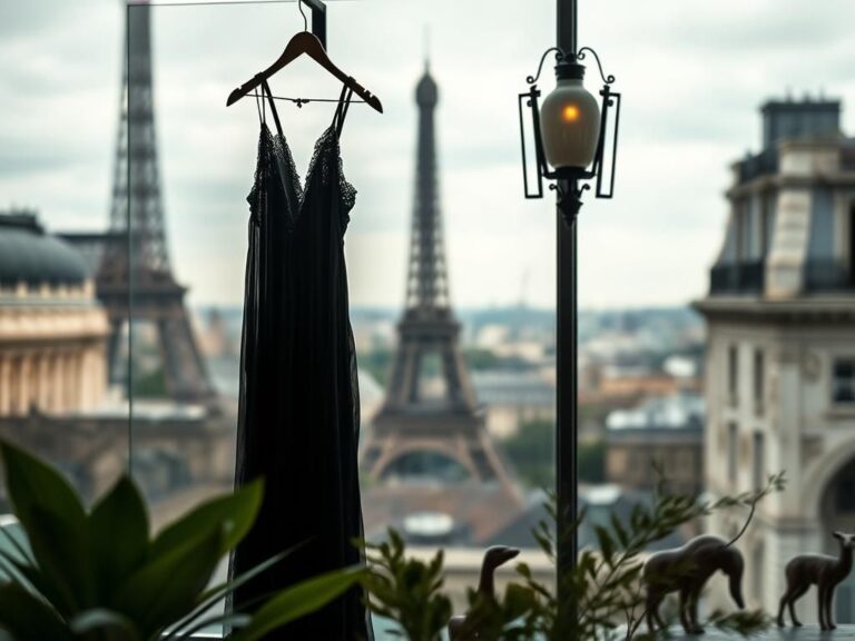 Flick International Elegant sheer black slip dress displayed in a chic Parisian setting