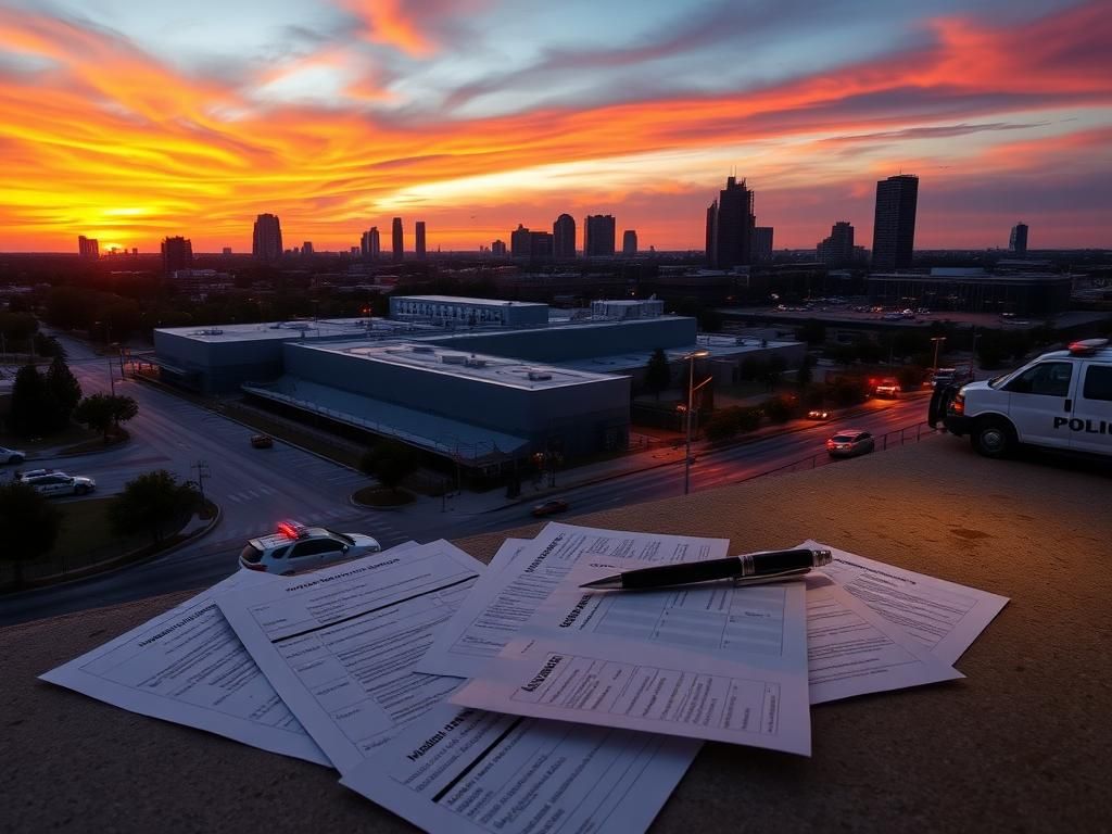 Flick International Aerial view of Houston at dusk with law enforcement facility and police cars